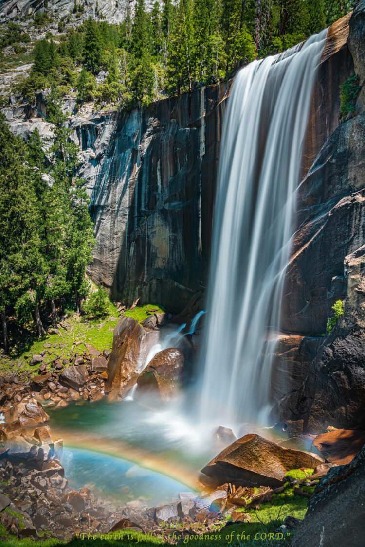 Bridalveil waterfall with vibrant rainbow