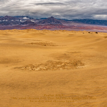 Remote sand dunes with purple mountain backdrop.